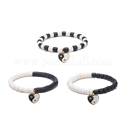 Ensemble de bracelets extensibles perlés en argile polymère faits à la main 3pcs 3 styles, clair zircone cubique coeur yin yang breloques bracelets empilables pour les femmes, noir et blanc, diamètre intérieur: 2-1/4 pouce (5.55 cm), 1pc / style