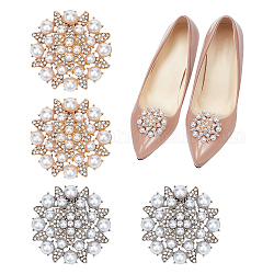 Wadorn 2 paires 2 couleurs alliage strass décoration de chaussures, avec perle d'imitation abs et clip de boucle en fer amovible, fleur, platine et or clair, 46x47x13.5mm, 1 paire / couleur
