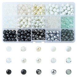375Pcs 15 Style Imitation Jade & Pearl & Baking Painted Glass Beads, for Beading Jewelry Making, Round, Black and White, 8~9mm, Hole: 1~1.6mm, about 25Pcs/style