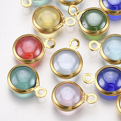 Handmade Lampwork Charms, with 304 Stainless Steel Findings, Flat Round, Golden, Mixed Color, 9.5x6.5x2.5~3mm, Hole: 1.5mm