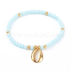 Plaqué or 304 bracelets stretch en acier inoxydable, perles de verre, shell cauris, cyan clair, diamètre intérieur: 2-1/8 pouce (5.5 cm)