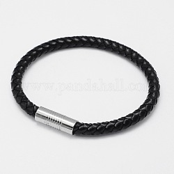 Bracelets en cuir tressé, avec fermoirs magnétiques en 304 acier inoxydable, noir, 7-7/8 pouce (20 cm), 6mm