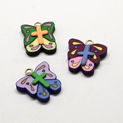 Handmade Polymer Clay Butterfly with Cross Pendants, With Platinum Tone Iron Findings, Mixed Color, 32x31x7mm, Hole: 4mm