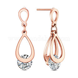Boucles d'oreilles pendantes en acier titane Shegrace, avec aaa grade zircone cubique, larme, clair, or rose, 7.5x4.5mm, 12.9x7.5mm