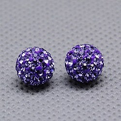 Micro Pave Czech Rhinestones Beads, Half Drilled Round Beads, Polymer Clay Inside, 539_Tanzanite, 10mm, Hole: 1.2mm
