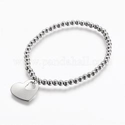 304 Stainless Steel Pendants Stretch Bracelets, Heart, Stainless Steel Color, 2-1/8 inch(55mm)