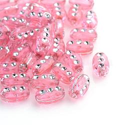 Plating Transparent Acrylic Beads, Silver Metal Enlaced, Oval, Pink, 9.5x6x4.5mm, Hole: 1.5mm, about 3300pcs/500g