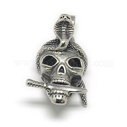 Fashionable Retro Men's Halloween Jewelry 316 Stainless Steel Skull with Snake and Knife Pendants, Antique Silver, 37x20x16mm, Hole: 5x9mm