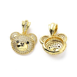 Clear & Black Cubic Zirconia Pendants, with Brass Findings, Bear Head Charm, Real 18K Gold Plated, 16x17.5x6.5mm, Hole: 3.5x6.5mm