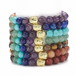 7 pièces 7 bracelets extensibles de pierres précieuses mélangées naturelles et synthétiques de style avec tête de bouddha en alliage perlé, bracelets empilables chakra yoga pour femmes, diamètre intérieur: 2-1/8 pouce (5.3 cm), 1pc / style