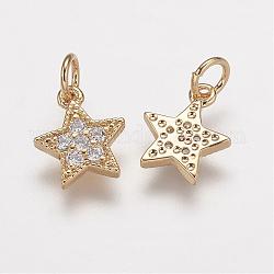 Brass Micro Pave Grade AAA Cubic Zirconia Charms, Lead Free & Nickel Free & Cadmium Free, Star, Real 18K Gold Plated, 9x7.5x1.5mm, Hole: 2mm