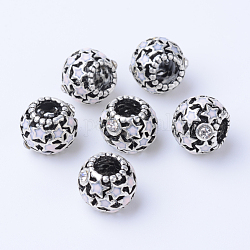 Perles européennes d'émail en alliage, avec des strass, Perles avec un grand trou   , rondelle, argent antique, perle rose, 11x9mm, Trou: 5mm