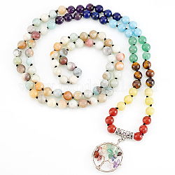 Collier pendentif arbre de vie en pierre naturelle mélangée avec chaînes de perles rondes, bijoux de yoga, 40.94 pouce (104 cm)