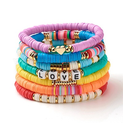 PandaWhole Preppy Bracelets, Polymer Clay Heishi Beads Stackable Bracelets, Stretch Beaded Bracelets Sets, Word Sun/Happy/Love, Golden