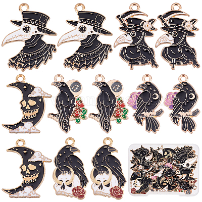 SUNNYCLUE 1 Box 24pcs 6 Styles Halloween Gothic Charms Raven Enamel Charm  Raven Gothic Pendants Halloween Theme Black Skull Moon Pendants for Jewelry