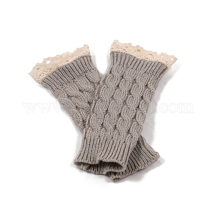 アクリル繊維糸編み指なし手袋  女性用親指穴付きレースエッジ冬用暖かい手袋  濃いグレー  190x75mm COHT-PW0002-50G-1