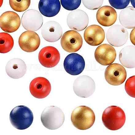 160 Pcs 4 Colors 4 July American Independence Day Painted Natural Wood Round Beads WOOD-LS0001-01A-1