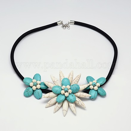 Flower Synthetic Turquoise Bib Statement Necklaces NJEW-P102-38-1