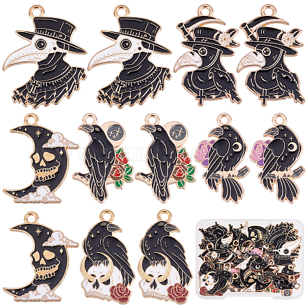 SUNNYCLUE 1 Box 24pcs 6 Styles Halloween Gothic Charms Raven Enamel Charm Raven Gothic Pendants Halloween Theme Black Skull Moon Pendants for Jewelry Making Charms DIY Necklace Bracelet Earring ENAM-SC0002-69-1