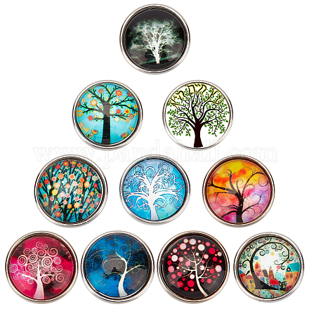 SUNNYCLUE 30pcs 10 color Platinum Plated Brass Glass Flat Round with Tree Jewelry Snap Buttons SNAP-SC0001-01-NR-1