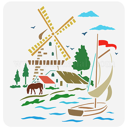 FINGERINSPIRE Windmill Scenery Stencil 11.8x11.8inch Reusable Farm Painting Template DIY Art Horses Boats Rivers Drawing Stencil Nature Scenery Stencil for Painting on Wall Wood Furniture DIY-WH0391-0192-1