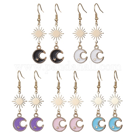 Alloy Enamel Moon & Brass Star Dangle Earrings EJEW-JE05403-1