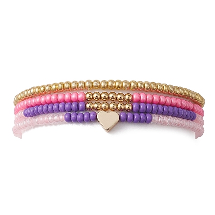 Ensemble de bracelets extensibles en perles de cœur et de graines de verre en laiton BJEW-JB09537-1