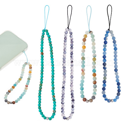 Arricraft 4 pièces 4 perles acryliques rondes de style et chaînes de dragonne de téléphone de pierres précieuses naturelles FIND-AR0003-89-1