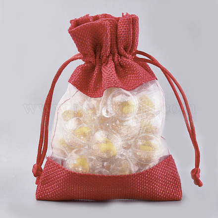 綿＆オーガンジーの梱包袋巾着袋  レッド  13.1~14.5x9.5~10cm ABAG-S004-09C-10x14-1