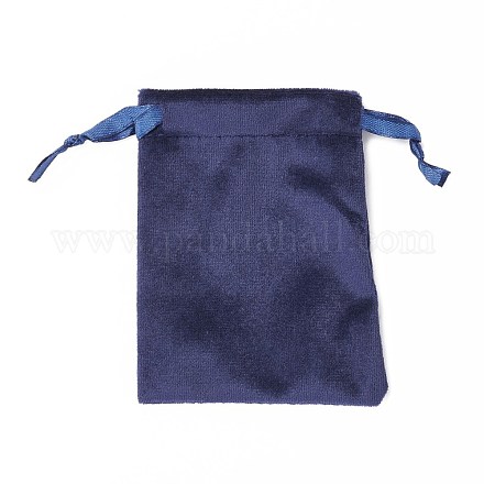 ビロードのアクセサリー類の巾着袋  サテンリボン付き  長方形  マリンブルー  10x8x0.3cm TP-D001-01A-06-1