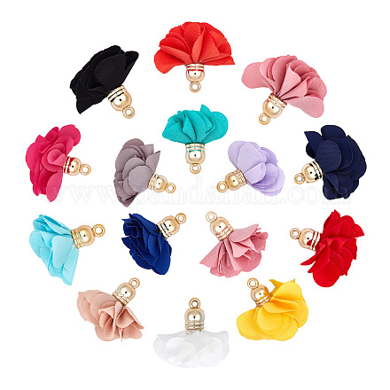 SUNNYCLUE 1 Set 15 Colors 3D Cloth Flower Charms Pendants Fabric Flower Pendants Floral Cloth Tassel Charms with Metal Caps for Earring Jewelry Making Key Chain DIY Crafts FIND-SC0001-30-1