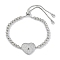 Rack Plating Brass Micro Pave Cubic Zirconia Silder Bracelets, Cadmium Free & Lead Free, Long-Lasting Plated, Heart, Platinum, Inner Diameter: 2-1/8~2-7/8 inch(5.3~7.3cm)