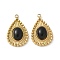 304 Stainless Steel Pendants, Teardrop Charms, with Black Agate, Ion Plating(IP), Real 18K Gold Plated, 21x13.5x5.5mm, Hole: 1.5mm