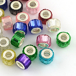 Resin European Beads, with Silver Color Plated Brass Double Cores, Round, Mixed Color, 11x8mm, Hole: 5mm