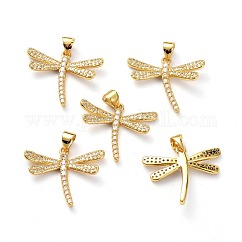 Latón micro pavimenta claro colgantes de circonio cúbico, con anillo de salto, sin plomo y cadmio, Plateado de larga duración, libélula, real 18k chapado en oro, 20x24x3mm, agujero: 5x3 mm