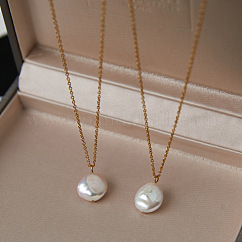 Colliers avec pendentif bouton de sécurité ovale en perles d'eau douce naturelles d'été, colliers de chaîne de câble d'acier inoxydable, véritable 18k plaqué or, blanc, 15.75 pouce (40 cm)