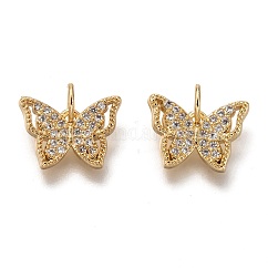 Latón micro pavimenta claro cubic zirconia encantos, sin plomo y cadmio, Plateado de larga duración, mariposa, dorado, 9x13x2mm, agujero: 3 mm
