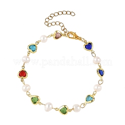Armbänder aus natürlichen Süßwasserzuchtperlen und Messing-Glasgliederketten für Damen&nbsp;BJEW-JB14219