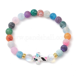 Bracelets extensibles en pierre de lune synthétique et perles d'agate patinées naturelles givrées pour femmes&nbsp;BJEW-JB11333-05