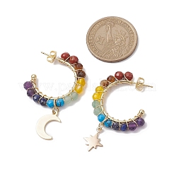 Boucles d'oreilles demi-créoles avec pierres précieuses rondes à facettes chakra lune et étoile&nbsp;EJEW-JE05898
