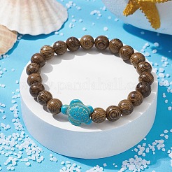 Rundes Stretcharmband aus natürlichem Holz und synthetischen türkisfarbenen Schildkrötenperlen für Damen&nbsp;BJEW-JB09699-06