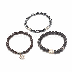 3 ensemble de bracelets extensibles en pierre de lave naturelle et perles de bois&nbsp;BJEW-JB07827