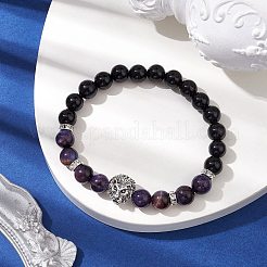 Braccialetti elasticizzati con perline di occhio di tigre naturale tinto tondo da 8 mm e perline di onice nero&nbsp;BJEW-TA00516-03