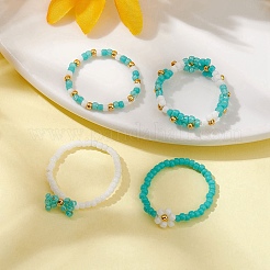 4 bagues extensibles en perles de verre&nbsp;RJEW-JR00661-01