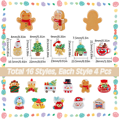 64 Stück 16 Stile Weihnachtsbaum/Schneemann/Tasche/Socken/Weihnachtsmann/Hirsch/Zuckerstange/Kamin undurchsichtige Harz Decoden Cabochons&nbsp;RESI-SC0005-74