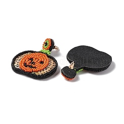 Boucles d'oreilles pendantes tressées en graines de verre de citrouille d'Halloween&nbsp;EJEW-B011-04A