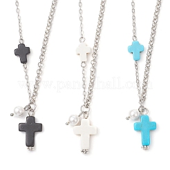 Colgante de cruz de turquesa sintética teñida y perla de concha redonda&nbsp;NJEW-JN05793