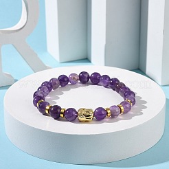 Bracelets extensibles perlés tête de bouddha en améthyste naturelle et alliage&nbsp;BJEW-JB09420-01