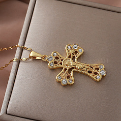 Collier pendentif croix de Jésus vintage en acier inoxydable et verre transparent pour femme&nbsp;EK1005