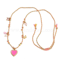 Collane regolabili con ciondolo a forma di cuore rosa in acciaio inossidabile 304 e cordino in cotone&nbsp;NJEW-C093-02G